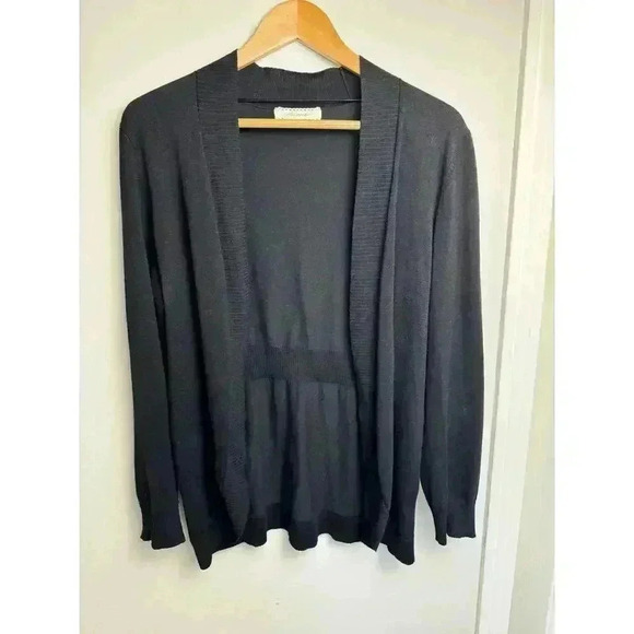 Pointelle Black Open Grandma Cardigan Sweater Buttonless Gathered at Back Size M - Picture 2 of 12